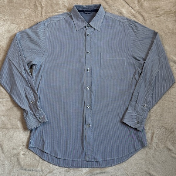 Zegna Sport Striped Size Large Button Down Long Sleeve Dress Shirt Blue White - Picture 2 of 8